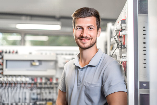 Dussmann trainee standing in an electrical engineering room and smiling. 