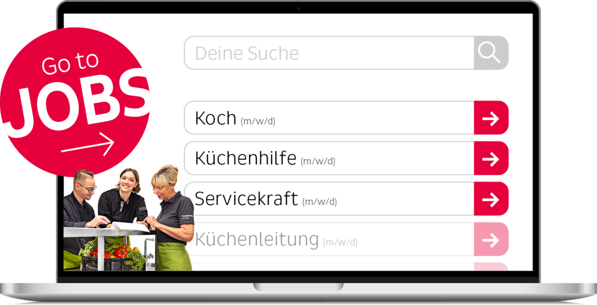 Illustration  of the Dussmann job search feature on laptop mock-up, including a red icon with the words "To the jobs" and picture of three Dussmann food service and hospitality employees. 