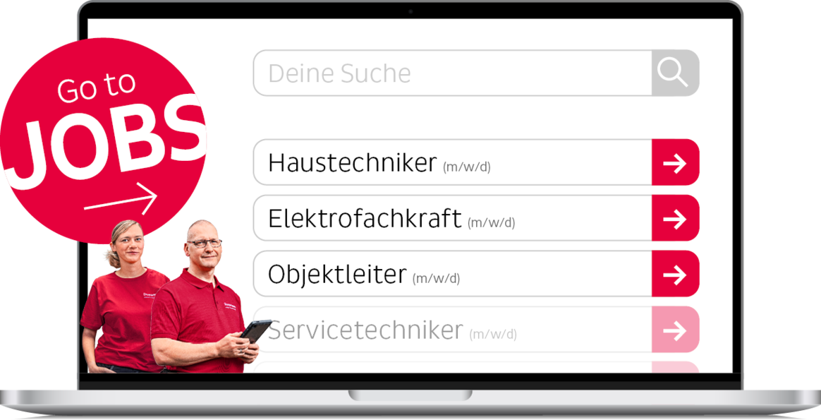 Illustration  of the Dussmann job search feature on a laptop mock-up, including a red icon with the words "To the jobs" and a picture of two Dussmann employees from the building services and electrical engineering divisions. 