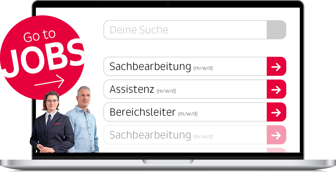 Illustration of the Dussmann job search feature on laptop mock-up, including a red icon with the words "To the jobs" and picture of two Dussmann employees from the commercial services division.