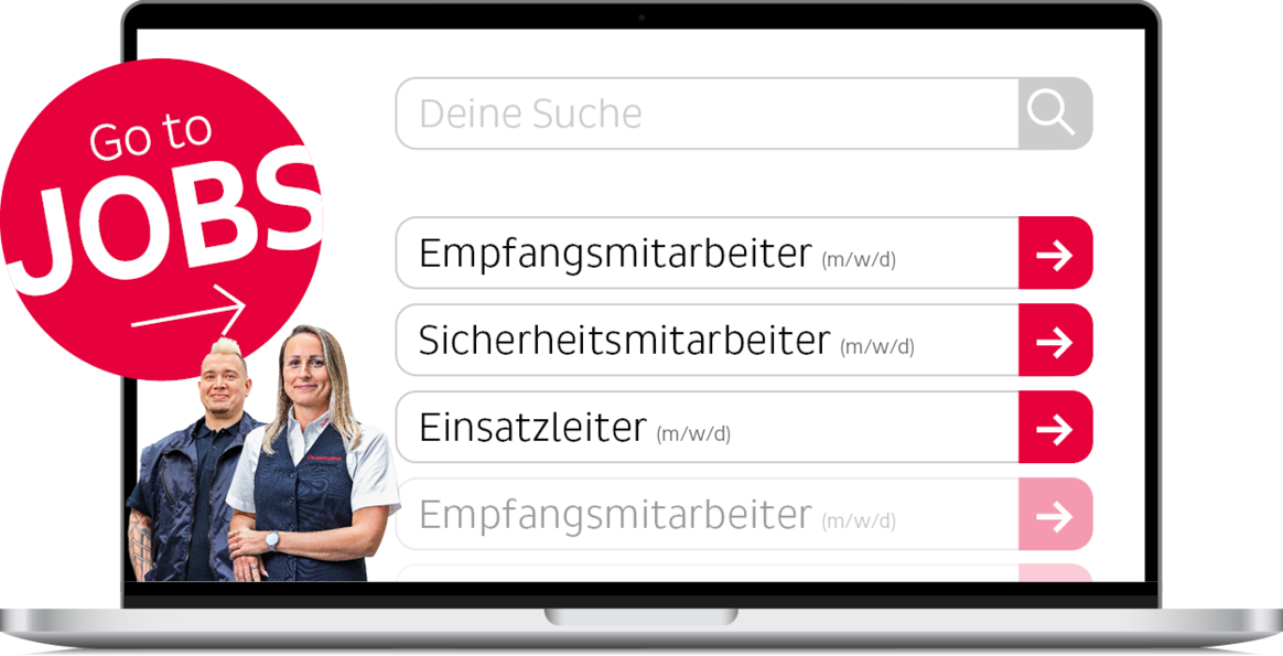 Illustration of the Dussmann job search feature on laptop mock-up, including a red icon with the words "To the jobs" and pictures of two Dussmann employees from the security service division.