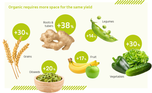 Organic farming requires more acreage for the same yield (source: Zukunftsreport)